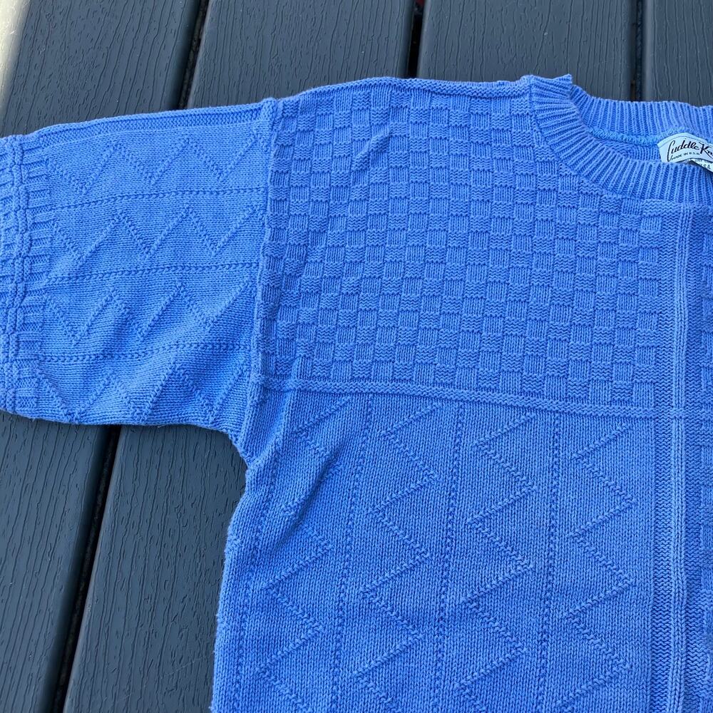 Blue cotton knit sweater short sleeves, vintage 70s twee preppy retro - Picture 3 of 7